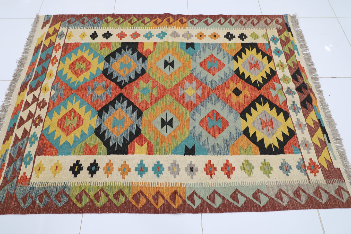 148 x 198 cm | Multicolor Wool Kilim Area Traditional Hand Woven Oriental Carpet