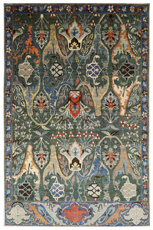 298 x 416 cm | Kawros Green Afghan Tribal Hand Knotted Veg Dye Wool carpet