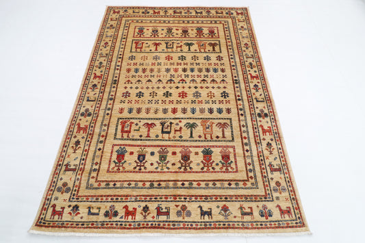 149 x 210 cm | Tribal Beige Design Hand Knotted Veg Dye Wool Afghan Carpet