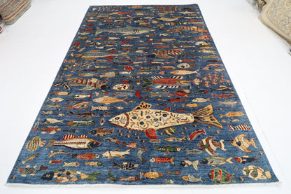203 x 292 cm | Oriental Fish Blue Area Rug Afghan Hand Knotted Veg Dye Wool carpet