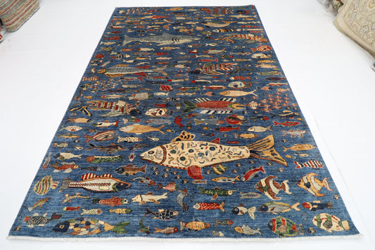 203 x 292 cm | Oriental Fish Blue Area Rug Afghan Hand Knotted Veg Dye Wool carpet