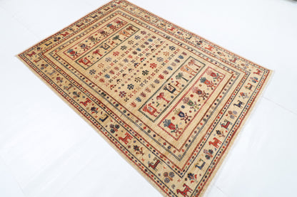 149 x 210 cm | Tribal Beige Design Hand Knotted Veg Dye Wool Afghan Carpet