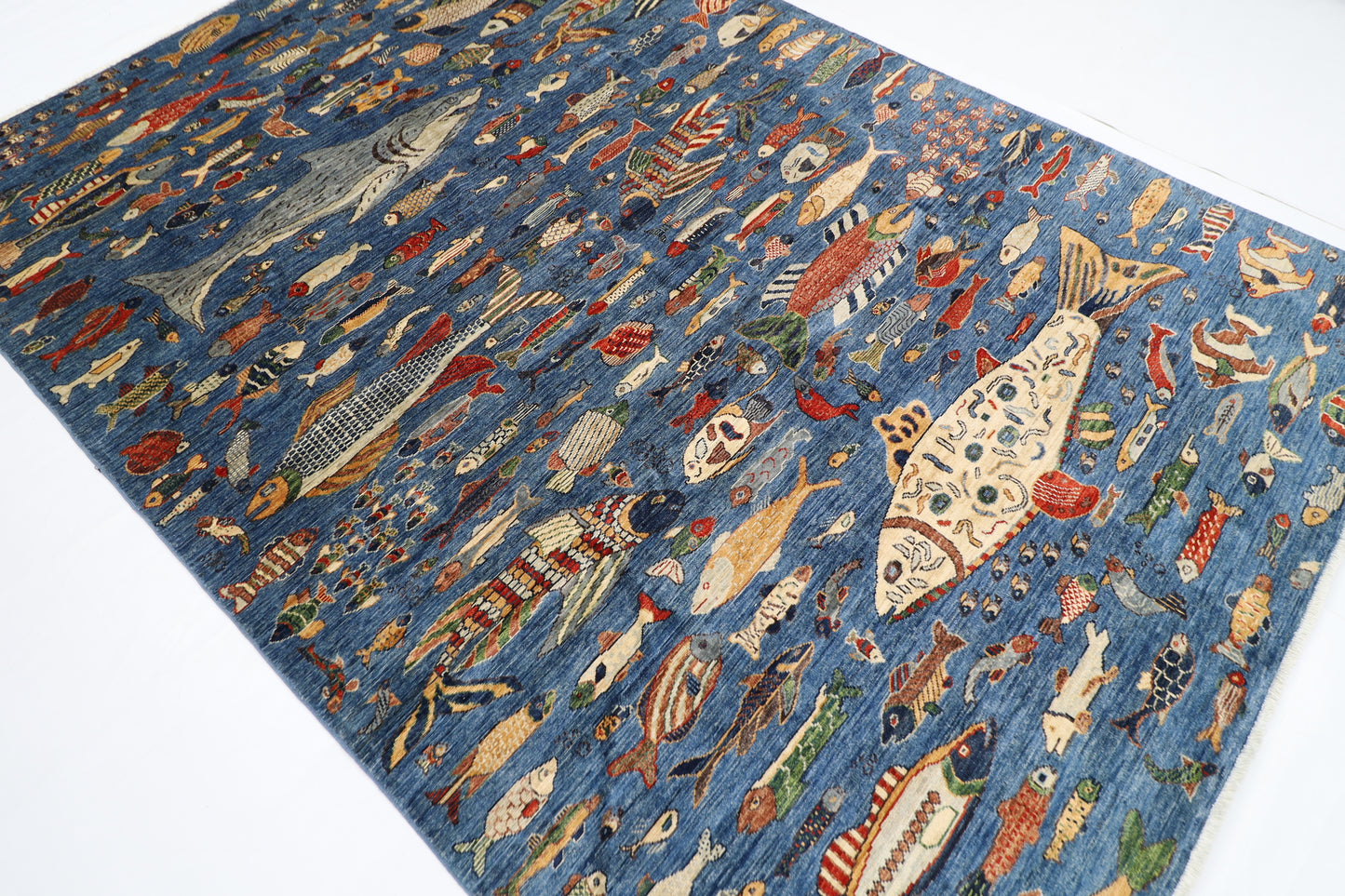 203 x 292 cm | Oriental Fish Blue Area Rug Afghan Hand Knotted Veg Dye Wool carpet