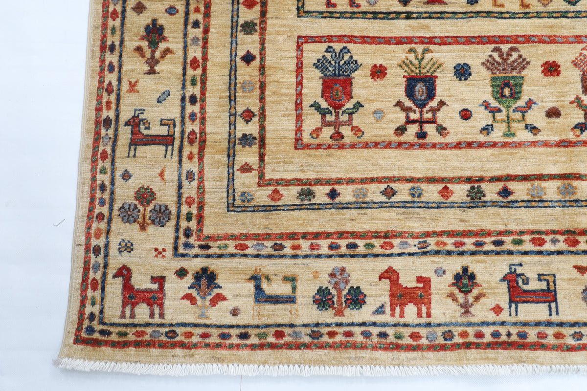 149 x 210 cm | Tribal Beige Design Hand Knotted Veg Dye Wool Afghan Carpet