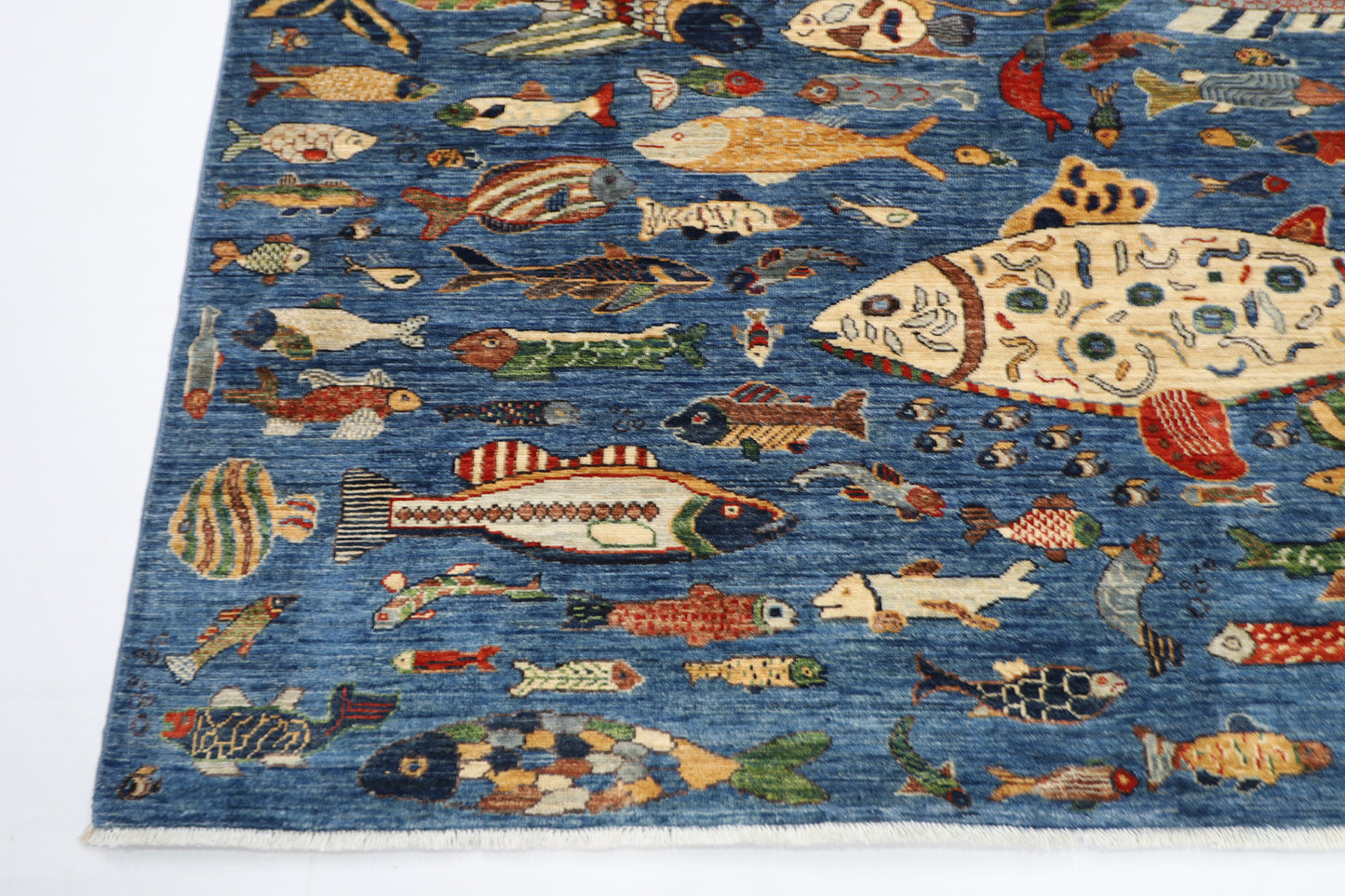 203 x 292 cm | Oriental Fish Blue Area Rug Afghan Hand Knotted Veg Dye Wool carpet