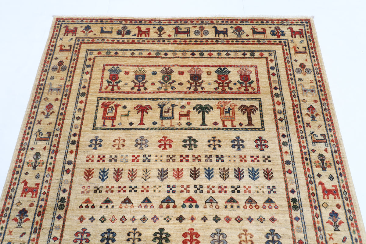 149 x 210 cm | Tribal Beige Design Hand Knotted Veg Dye Wool Afghan Carpet