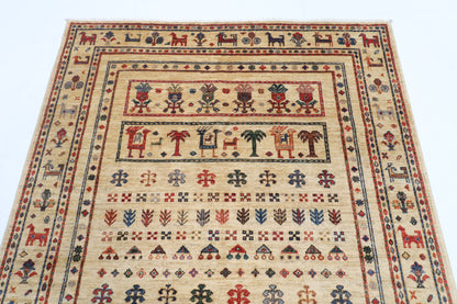 149 x 210 cm | Tribal Beige Design Hand Knotted Veg Dye Wool Afghan Carpet