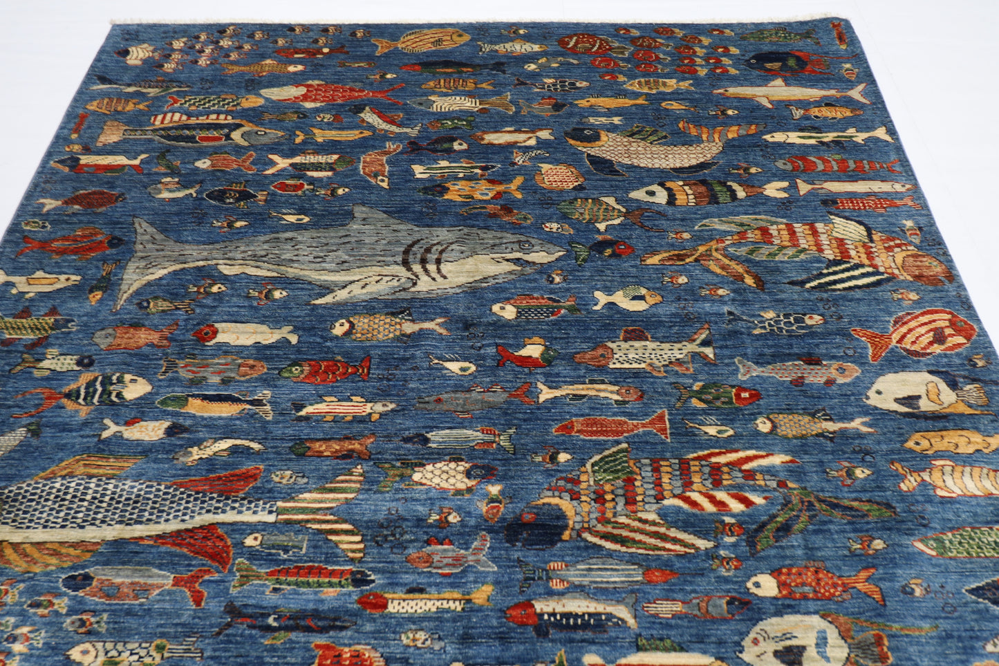 203 x 292 cm | Oriental Fish Blue Area Rug Afghan Hand Knotted Veg Dye Wool carpet