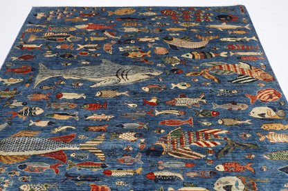 203 x 292 cm | Oriental Fish Blue Area Rug Afghan Hand Knotted Veg Dye Wool carpet