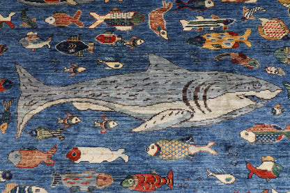 203 x 292 cm | Oriental Fish Blue Area Rug Afghan Hand Knotted Veg Dye Wool carpet