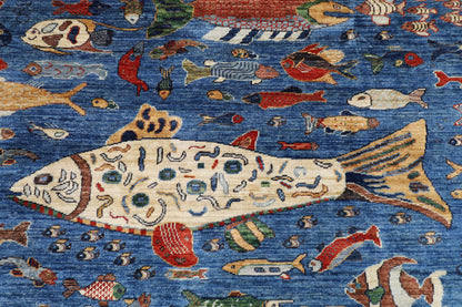 203 x 292 cm | Oriental Fish Blue Area Rug Afghan Hand Knotted Veg Dye Wool carpet