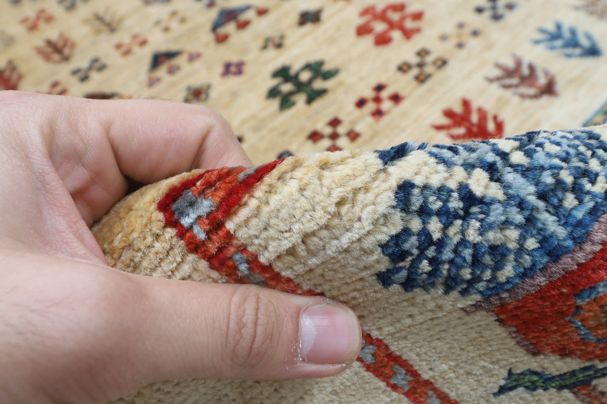 149 x 210 cm | Tribal Beige Design Hand Knotted Veg Dye Wool Afghan Carpet