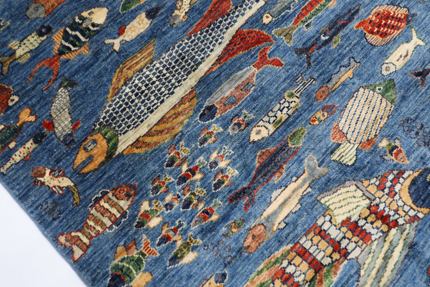203 x 292 cm | Oriental Fish Blue Area Rug Afghan Hand Knotted Veg Dye Wool carpet
