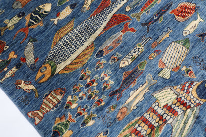 203 x 292 cm | Oriental Fish Blue Area Rug Afghan Hand Knotted Veg Dye Wool carpet