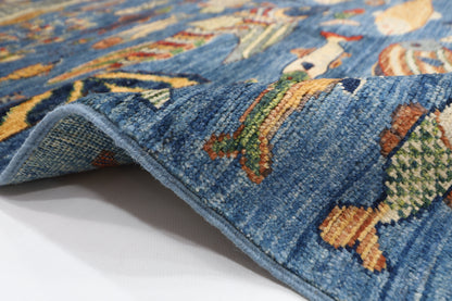 203 x 292 cm | Oriental Fish Blue Area Rug Afghan Hand Knotted Veg Dye Wool carpet