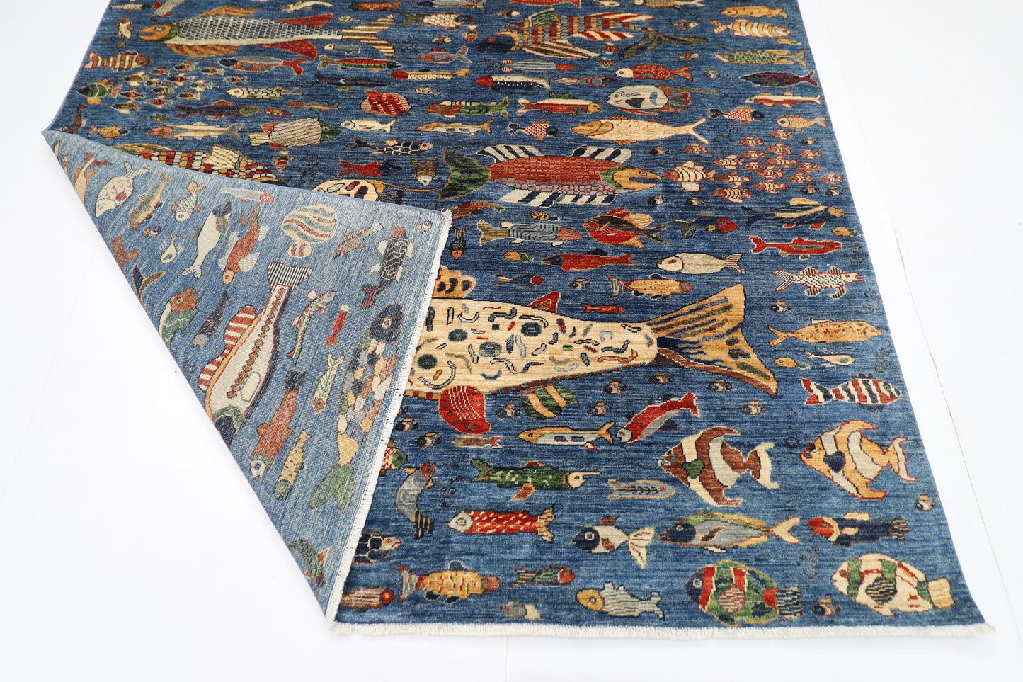 203 x 292 cm | Oriental Fish Blue Area Rug Afghan Hand Knotted Veg Dye Wool carpet