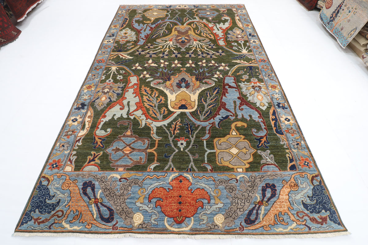 201 x 317 cm | Kawros Green Design Hand Knotted Veg Dye Wool Afghan Carpet