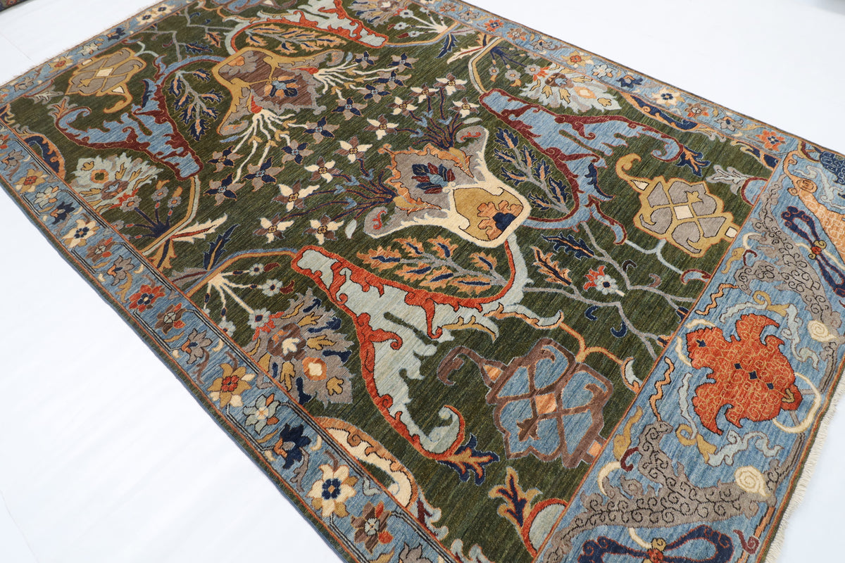 201 x 317 cm | Kawros Green Design Hand Knotted Veg Dye Wool Afghan Carpet