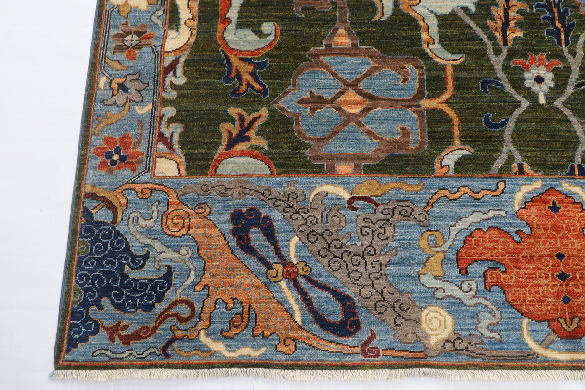 201 x 317 cm | Kawros Green Design Hand Knotted Veg Dye Wool Afghan Carpet