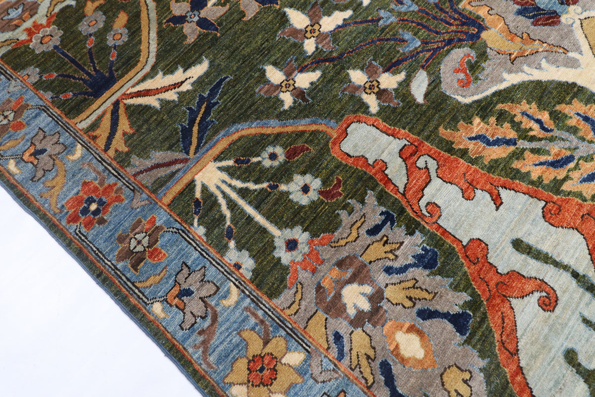 201 x 317 cm | Kawros Green Design Hand Knotted Veg Dye Wool Afghan Carpet