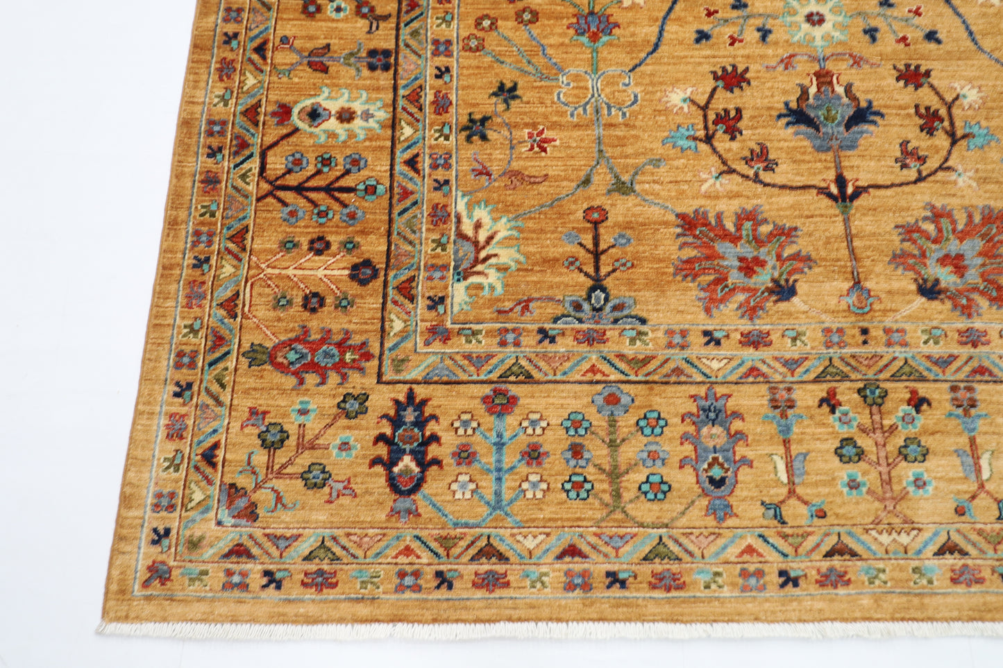 204 x 300 cm | Oriental Gold Floral Area Rug Afghan Hand Knotted Veg Dye Wool carpet