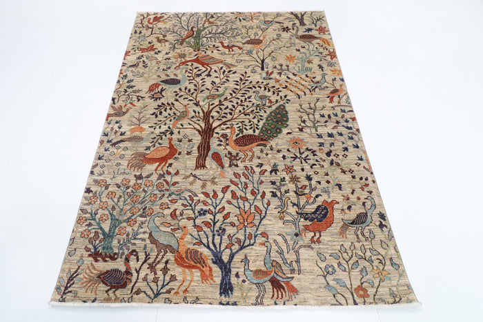 147 x 201 cm | Birds Design Hand Knotted Veg Dye Wool Afghan Carpet