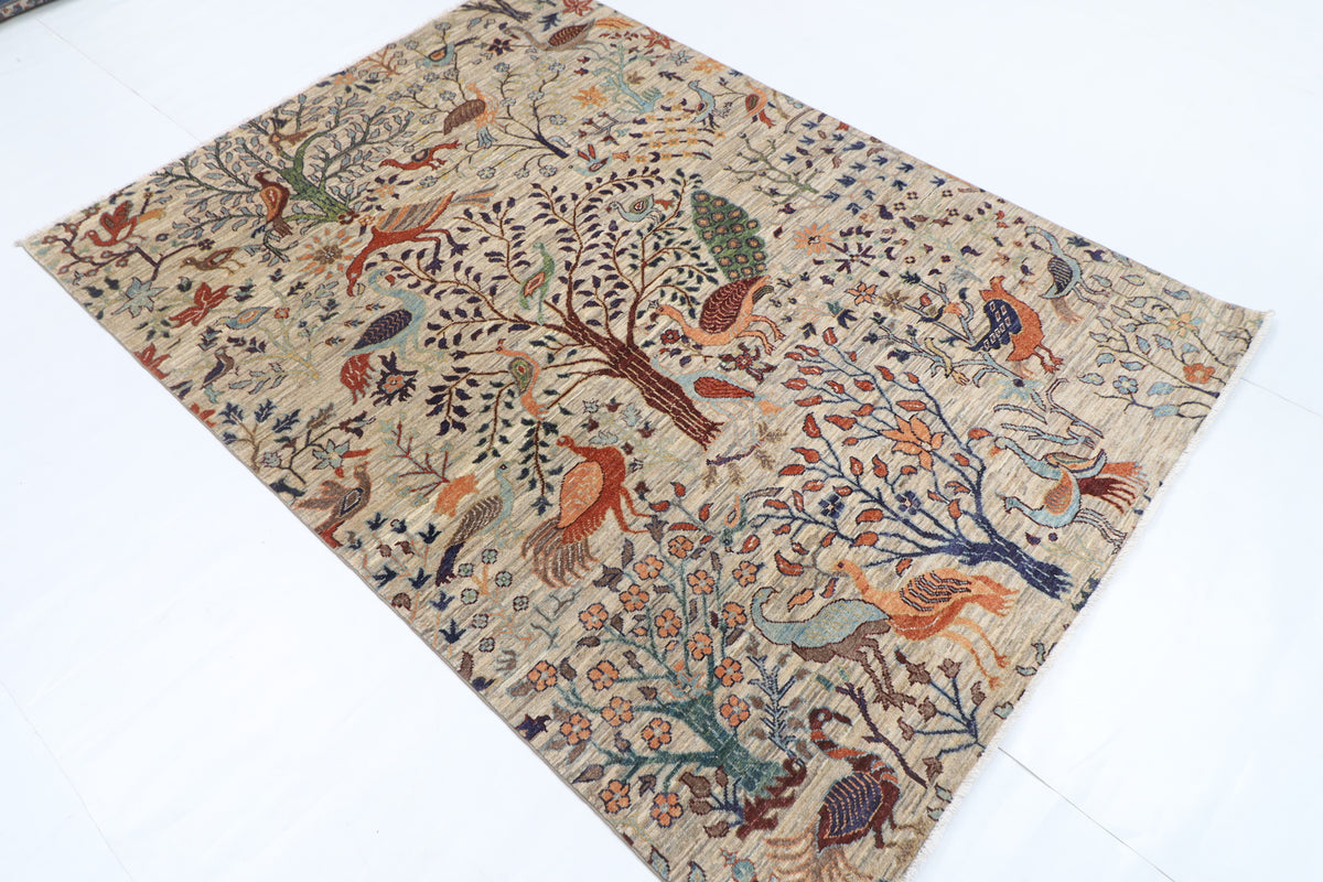 147 x 201 cm | Birds Design Hand Knotted Veg Dye Wool Afghan Carpet