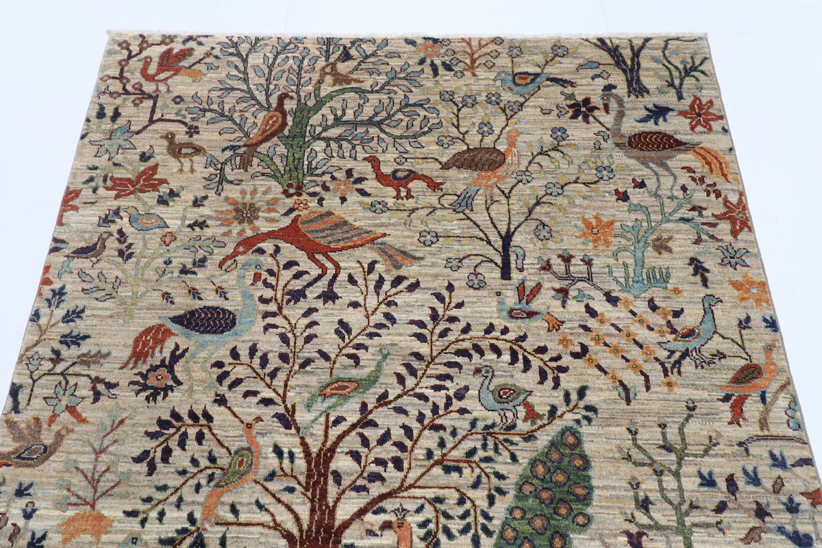 147 x 201 cm | Birds Design Hand Knotted Veg Dye Wool Afghan Carpet