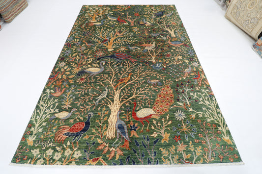 200 x 298 cm | Oriental Birds Green Area Rug Afghan Hand Knotted veg Dye Wool carpet