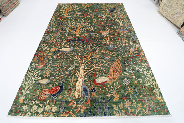 200 x 298 cm | Oriental Birds Green Area Rug Afghan Hand Knotted veg Dye Wool carpet