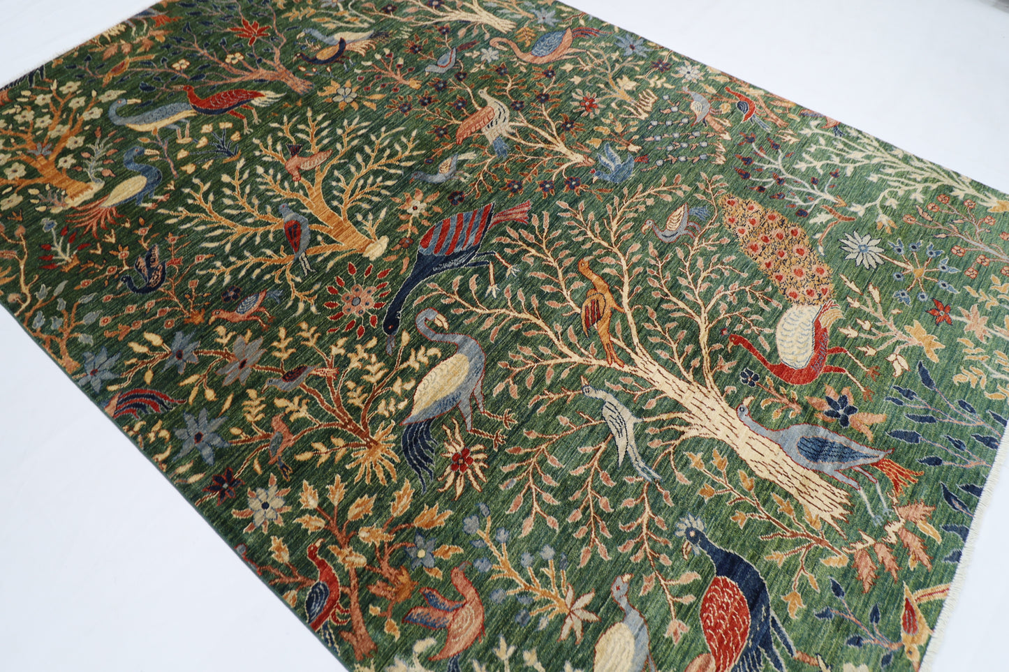 200 x 298 cm | Oriental Birds Green Area Rug Afghan Hand Knotted veg Dye Wool carpet