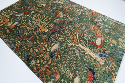 200 x 298 cm | Oriental Birds Green Area Rug Afghan Hand Knotted veg Dye Wool carpet