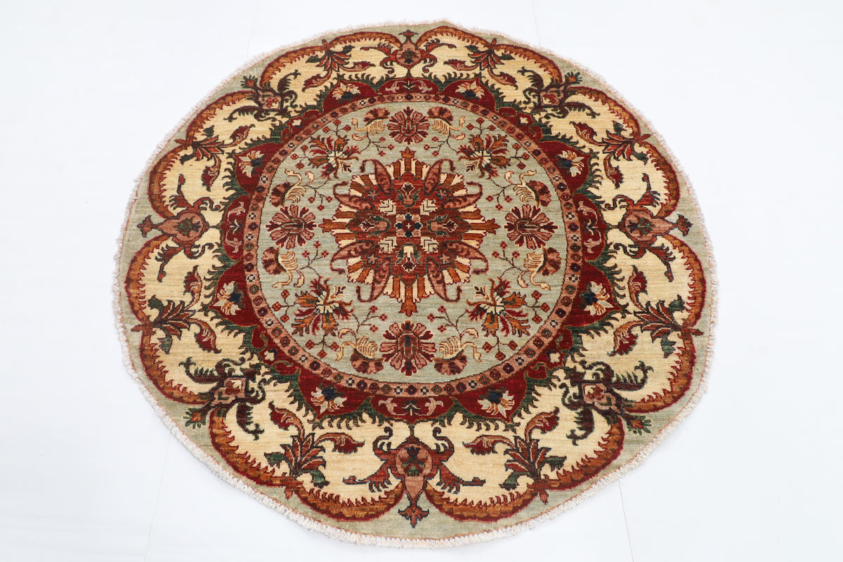 141 x 141 cm | Floral Round Design Hand Knotted Veg Dye Wool Afghan Carpet