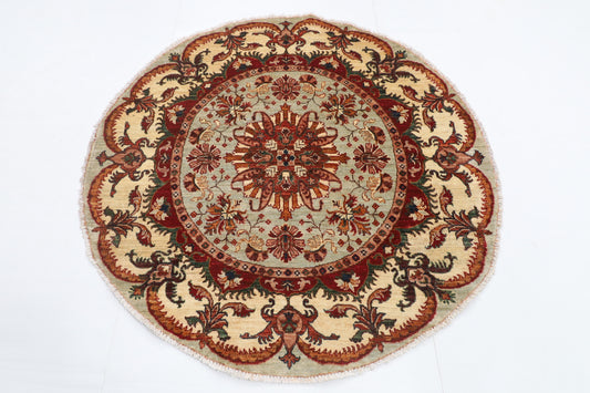 141 x 141 cm | Floral Round Design Hand Knotted Veg Dye Wool Afghan Carpet