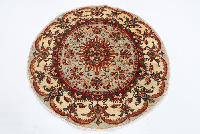 141 x 141 cm | Floral Round Design Hand Knotted Veg Dye Wool Afghan Carpet