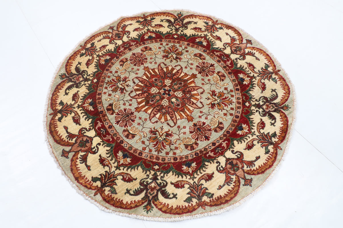 141 x 141 cm | Floral Round Design Hand Knotted Veg Dye Wool Afghan Carpet