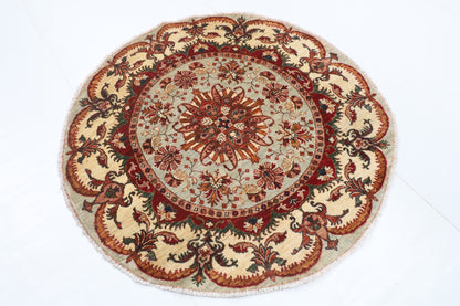 141 x 141 cm | Floral Round Design Hand Knotted Veg Dye Wool Afghan Carpet