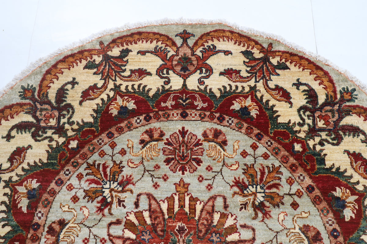 141 x 141 cm | Floral Round Design Hand Knotted Veg Dye Wool Afghan Carpet