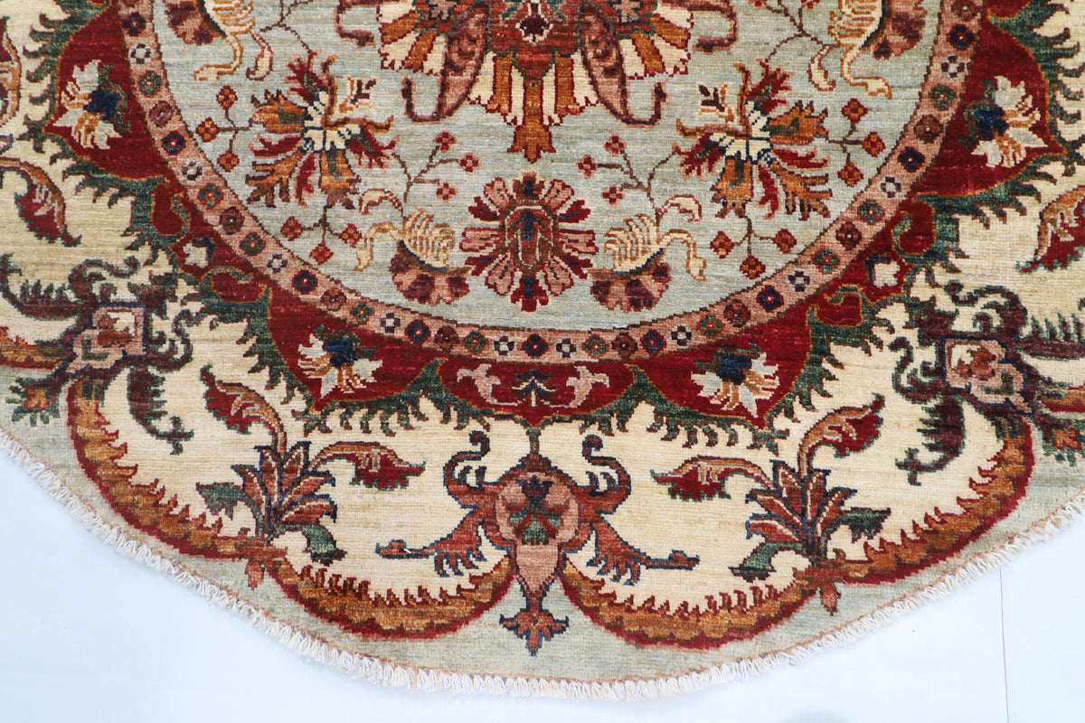 141 x 141 cm | Floral Round Design Hand Knotted Veg Dye Wool Afghan Carpet