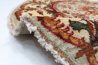 141 x 141 cm | Floral Round Design Hand Knotted Veg Dye Wool Afghan Carpet
