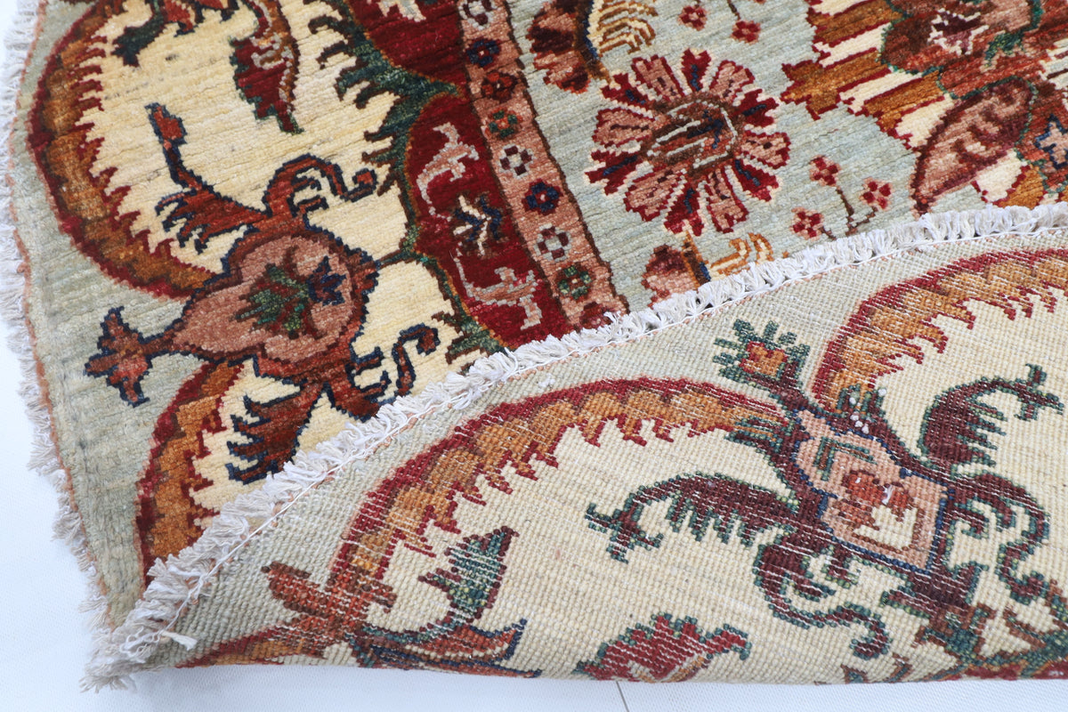 141 x 141 cm | Floral Round Design Hand Knotted Veg Dye Wool Afghan Carpet