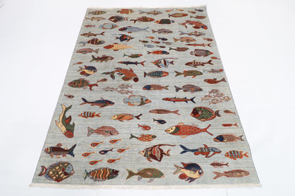 153 x 200 cm | Fish Design Hand Knotted Veg Dye Wool Afghan Carpet