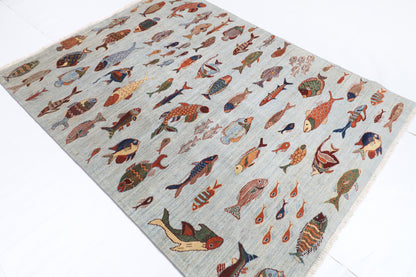 153 x 200 cm | Fish Design Hand Knotted Veg Dye Wool Afghan Carpet