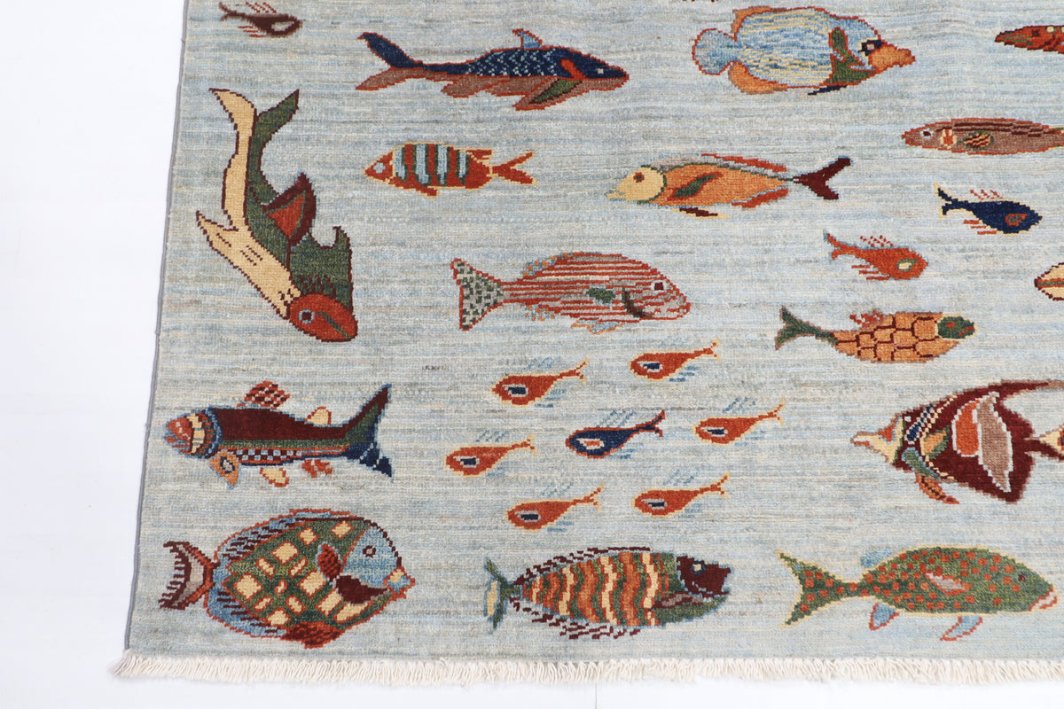 153 x 200 cm | Fish Design Hand Knotted Veg Dye Wool Afghan Carpet