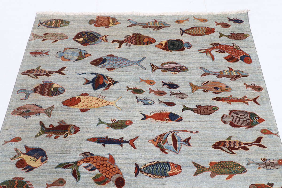153 x 200 cm | Fish Design Hand Knotted Veg Dye Wool Afghan Carpet