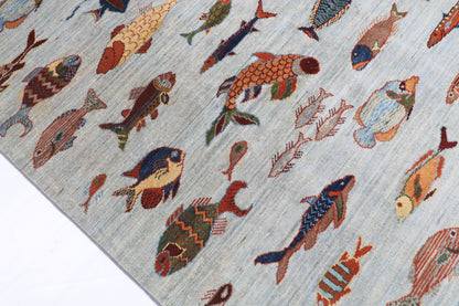 153 x 200 cm | Fish Design Hand Knotted Veg Dye Wool Afghan Carpet