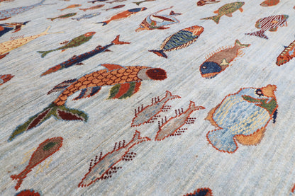 153 x 200 cm | Fish Design Hand Knotted Veg Dye Wool Afghan Carpet