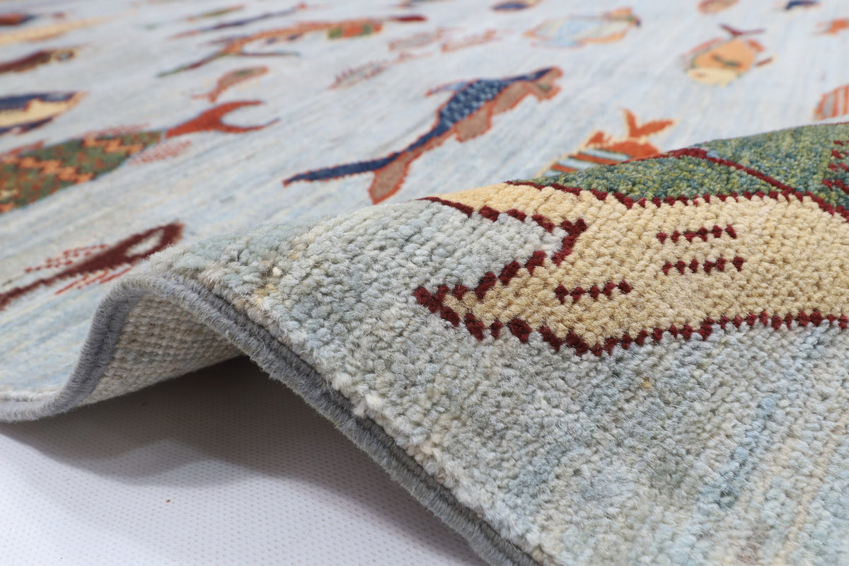 153 x 200 cm | Fish Design Hand Knotted Veg Dye Wool Afghan Carpet