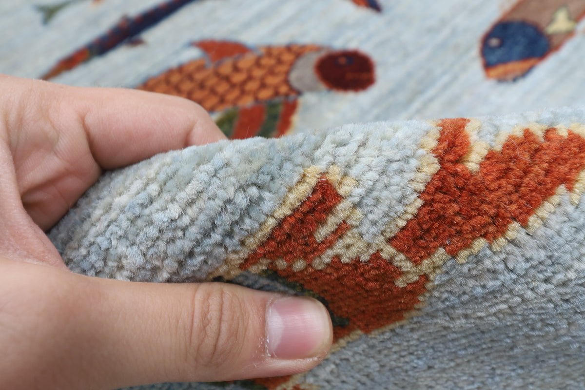 153 x 200 cm | Fish Design Hand Knotted Veg Dye Wool Afghan Carpet