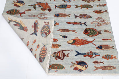 153 x 200 cm | Fish Design Hand Knotted Veg Dye Wool Afghan Carpet